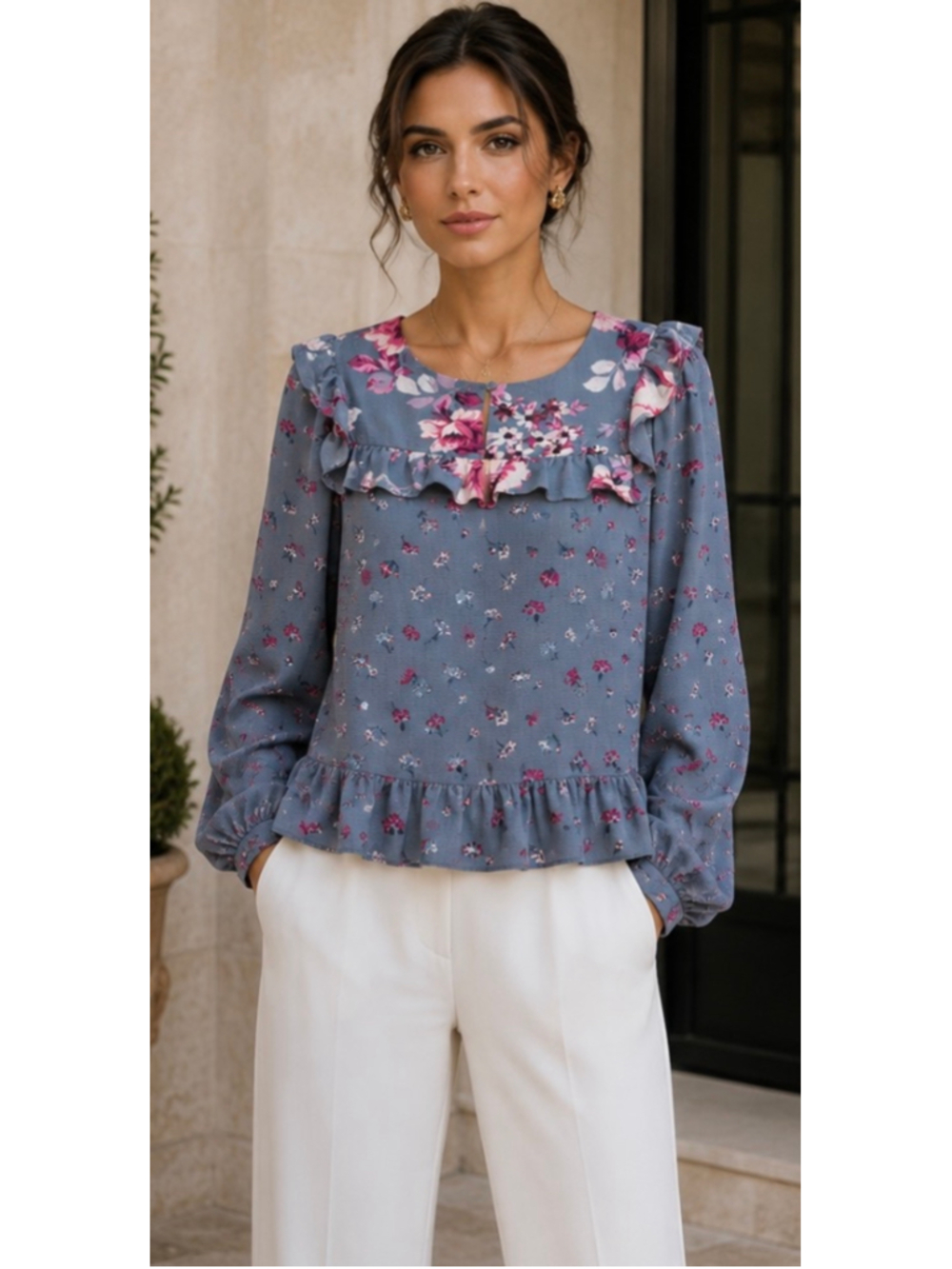 JILL STUART Floral Ruffle Blouse Size M Blue and Pink Boho Luxury New!